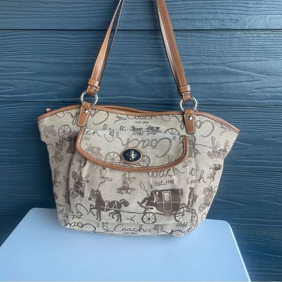 COACH Signature Madison Horse & Carriage Campbell Shoulder Bag Tote Tan Khaki - Picture 3 of 8